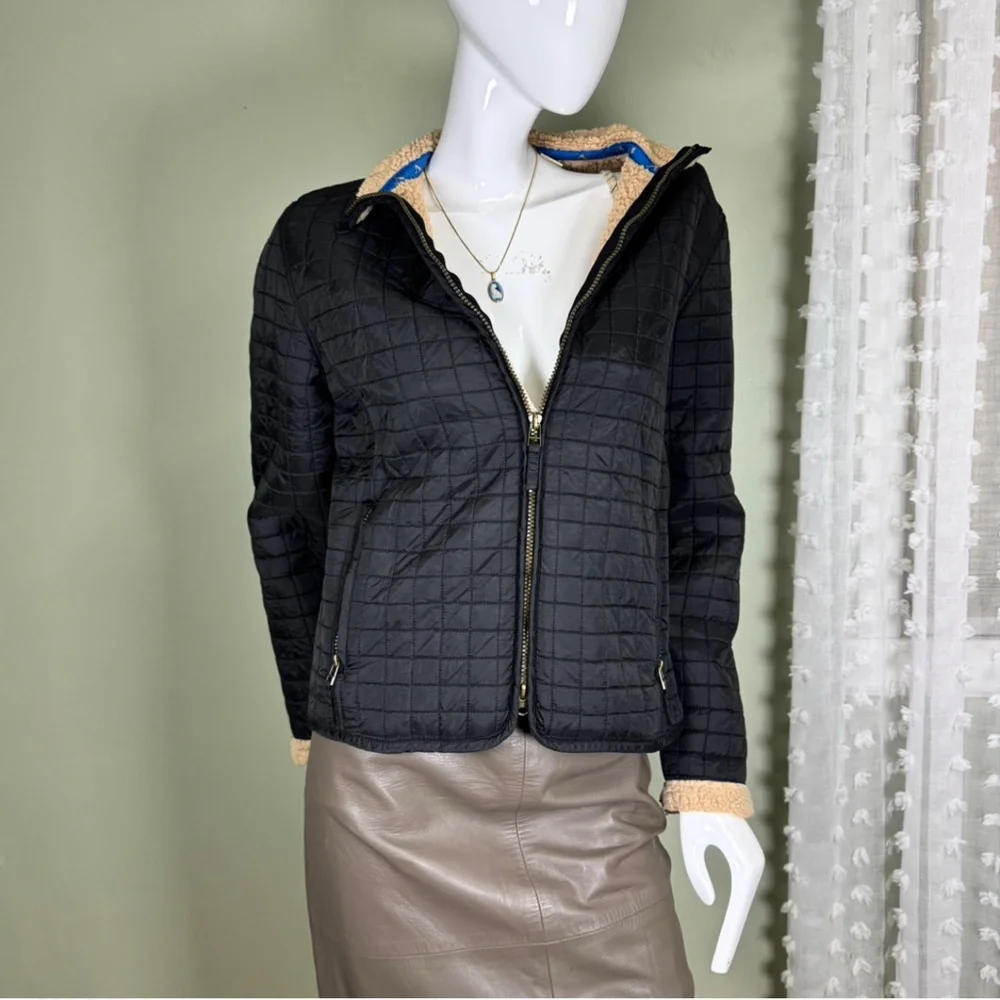Black Quilted Jacket w Faux Sherpa Lining - Double Zip - Medium